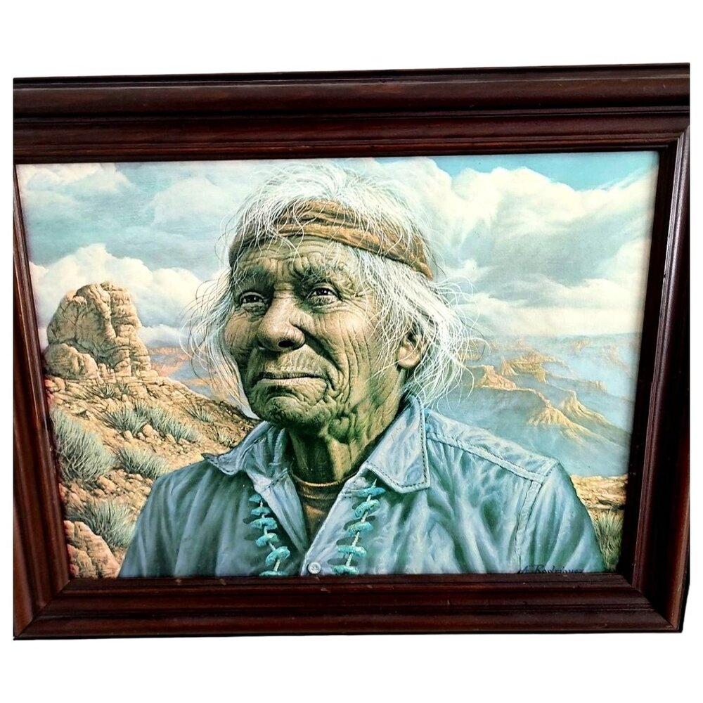 Vintage Alfredo Rodriguez Framed Print Art Of A Native American Man In Desert